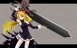 Rule 34 | 1girl, blonde hair, bow, detached sleeves, dress, elbow gloves, gloves, huge weapon, macha, needless, ponytail, seto (needless), solo, sword, thighhighs, wallpaper, weapon, zettai ryouiki