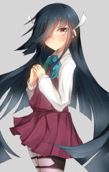 Rule 34 | 10s, 1girl, absurdres, black hair, bow, bowtie, brown eyes, hair over one eye, hayashimo, hayashimo (kancolle), highres, interlocked fingers, kantai collection, long hair, long sleeves, looking at viewer, md5 mismatch, metindone, pantyhose, pleated skirt, resolution mismatch, skirt, solo, source smaller
