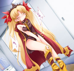 Rule 34 | 1girl, anbee (arary), armored boots, between legs, black leotard, blonde hair, blush, boots, bow, breasts, cape, closed eyes, crown, detached collar, door, dutch angle, earrings, embarrassed, ereshkigal (fate), fate/grand order, fate (series), female focus, hair bow, hand between legs, have to pee, highres, indoors, japanese text, jewelry, leotard, long hair, medium breasts, own hands together, peeing, peeing self, pigeon-toed, puddle, red bow, red cape, single sleeve, skull, solo, speech bubble, standing, strapless, strapless leotard, tears, text focus, translation request, twintails, v arms, very long hair, wet, wet clothes, yellow footwear