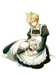 Rule 34 | 2boys, aged down, alternate costume, apron, armor, back bow, black dress, black gloves, black pants, blonde hair, blue eyes, bow, closed eyes, cloud strife, collared dress, crossdressing, dress, expressionless, final fantasy, final fantasy vii, final fantasy vii ever crisis, frilled apron, frills, gloves, grey hair, hand on another&#039;s head, highres, juliet sleeves, kneeling, lap pillow, long dress, long sleeves, looking down, lying, maid, maid apron, male focus, multiple boys, pants, pauldrons, puffy sleeves, sephiroth, short hair, shoulder armor, simple background, sleeve cuffs, spiked hair, under covers, white apron, white background, white bow, yaoi, zeta 0513