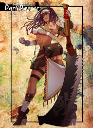 Rule 34 | 1girl, abs, absurdres, anchor tattoo, animal ears, ankle boots, arm pouch, ass, bandaged fingers, bandaged leg, bandages, beads, belt, blue eyes, boots, bracelet, breasts, clenched hand, dark-skinned female, dark skin, darli dagger, female focus, full body, hair beads, hair ornament, high heel boots, high heels, highres, huge weapon, jewelry, jolly roger, lips, long hair, long legs, looking at viewer, looking back, madagascar, medium breasts, multiple belts, muscular, muscular female, pearl bracelet, planted, pouch, purple hair, samurai spirits, saw, saw cleaver, shoulder tattoo, skull and crossed swords, solo, tattoo, thigh pouch, thigh strap, tools, towoko (orange bitch), twisted torso, underboob, very dark skin, weapon