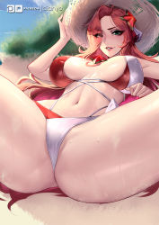 Rule 34 | ass, between breasts, bikini, breasts, cian yo, covered erect nipples, cross-laced bikini, cross-laced clothes, crotch, green eyes, hair ornament, hair ribbon, hat, league of legends, looking at viewer, lying, miss fortune (league of legends), navel, on back, parted bangs, red hair, ribbon, sand, shiny skin, sideboob, solo, spread legs, star guardian (league of legends), star guardian miss fortune, string bikini, sun hat, sweat, sweatdrop, swimsuit, thick thighs, thighs