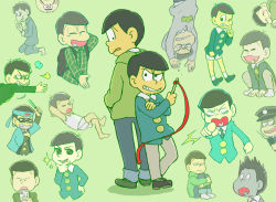 Rule 34 | 10s, 2boys, aged down, back-to-back, black hair, blush, closed eyes, crossed arms, dual persona, glasses, glowstick, green background, hachimaki, happi, headband, heart, heart in mouth, hijirisawa shonosuke, hood, hoodie, hugging own legs, index finger raised, japanese clothes, layered clothes, long sleeves, male focus, mashiko (22), matsuno choromatsu, multiple boys, osomatsu-kun, osomatsu-san, osomatsu (series), pants, pants rolled up, plaid, plaid shirt, pointing, pointing at viewer, police, police uniform, shirt, shorts, simple background, sleeping, smile, sparkle, uniform