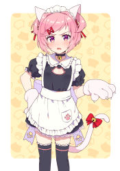Rule 34 | 1girl, alternate costume, animal hands, annoyed, apron, bell, black choker, black thighhighs, blush, bow, cat cutout, cat tail, choker, cleavage cutout, clothing cutout, commentary, doki doki literature club, enmaided, fang, frilled shirt collar, frilled thighhighs, frills, gloves, hair ornament, hair ribbon, hairclip, hand on own hip, jingle bell, looking at viewer, maid, maid headdress, moyori, natsuki (doki doki literature club), neck bell, open mouth, paw gloves, paw print, pink eyes, pink hair, puffy short sleeves, puffy sleeves, red ribbon, ribbon, short hair, short sleeves, simple background, solo, sweatdrop, swept bangs, tail, tail bell, tail bow, tail ornament, thighhighs, two side up