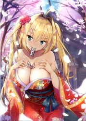 Rule 34 | 1girl, ahoge, alternate costume, between breasts, blonde hair, blush, breasts, cherry blossoms, cleavage, closed mouth, commentary request, day, fate/extra, fate (series), floral print, flower, green eyes, hair between eyes, hair flower, hair intakes, hair ornament, hands on own chest, head tilt, japanese clothes, kimono, large breasts, long hair, mouth hold, nero claudius (fate), nero claudius (fate) (all), nero claudius (swimsuit caster) (fate), nose blush, off shoulder, outdoors, petals, pink flower, print kimono, red flower, red kimono, rinringyo, smile, solo, tree, twintails, very long hair