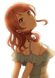Rule 34 | 1girl, arms behind back, bare shoulders, birthday, blush, closed mouth, commentary request, dress, earrings, from behind, hojo karen, idolmaster, idolmaster cinderella girls, jewelry, long hair, looking at viewer, necklace, off-shoulder dress, off shoulder, orange hair, sinobu0425, smile, solo, upper body, white dress, yellow eyes