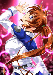 Rule 34 | 1girl, artist name, blue eyes, blush, breasts, brown hair, closed mouth, dated, from side, highres, large breasts, long hair, looking at viewer, lyrical nanoha, mahou shoujo lyrical nanoha strikers, military, military uniform, ponytail, raising heart, raising heart (standby mode), san-pon, simple background, smile, solo, sparkle background, takamachi nanoha, tongue, tongue out, uniform
