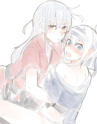 Rule 34 | 2girls, ainu clothes, bed, blue eyes, blush, brown gloves, closed mouth, embarrassed, facial scar, gangut (kancolle), gloves, grey hair, hair between eyes, hair ornament, hairclip, itomugi-kun, japanese clothes, kamoi (kancolle), kantai collection, long hair, looking at another, looking at viewer, multiple girls, red eyes, red shirt, scar, scar on cheek, scar on face, shirt, simple background, underwear, undressing, white background, yuri