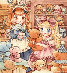 Rule 34 | 2girls, animal ears, apron, artist name, bag, bear ears, black headwear, black shirt, blonde hair, blue dress, blue headwear, blue ribbon, book, bow, box, brown bag, brown eyes, brown hair, bunting, child, collar, collared dress, decorations, diagonal-striped clothes, diagonal-striped headwear, display case, dress, drum, drumsticks, frilled apron, frilled collar, frilled dress, frills, hair bow, hair ribbon, hat, highres, holding, holding book, holding stuffed toy, indoors, instrument, lolita fashion, long hair, looking at object, maid, maid headdress, multiple girls, official art, open book, open mouth, original, painting (medium), pink bow, pink dress, pink stuffed animal, price tag, puffy short sleeves, puffy sleeves, purple ribbon, red shirt, ribbon, sakano machi, shelf, shirt, shop, short hair, short sleeves, smile, striped clothes, stuffed animal, stuffed toy, sweet lolita, table, tablecloth, teddy bear, too many dolls, top hat, traditional media, two-tone dress, watercolor (medium), white apron, white collar