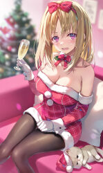 Rule 34 | 1girl, bare shoulders, blurry, blurry background, blush, bow, bowtie, breasts, brown hair, brown pantyhose, christmas tree, cleavage, collar, cup, detached collar, detached sleeves, dress, drinking glass, feet out of frame, fur-trimmed dress, fur-trimmed sleeves, fur trim, gloves, hair bow, hat, highres, holding, holding cup, knees together feet apart, kushida kikyou, large breasts, long sleeves, looking at viewer, medium hair, off-shoulder dress, off shoulder, official art, open mouth, pantyhose, pillow, pink eyes, plaid, plaid bow, plaid dress, plaid sleeves, red bow, red bowtie, red dress, red hat, santa hat, sidelocks, sitting, solo, sweatdrop, tomose shunsaku, white collar, white gloves, wrist cuffs, youkoso jitsuryoku shijou shugi no kyoushitsu e