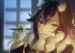 Rule 34 | 10s, 1girl, :d, animal ears, arm support, bad id, bad pixiv id, black hair, blue eyes, blurry, blurry background, blush, depth of field, gloves, grey wolf (kemono friends), hand on own cheek, hand on own face, harusabin, head rest, heterochromia, indoors, kemono friends, long hair, long sleeves, multicolored hair, night, nose blush, open mouth, pencil, signature, smile, solo, streaked hair, tsurime, two-tone hair, upper body, white gloves, white hair, window, wolf ears, yellow eyes