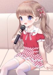 Rule 34 | 1girl, blue eyes, brown hair, chitosezaka suzu, commentary, couch, hair bobbles, hair ornament, holding, holding microphone, long hair, microphone, miniskirt, music, open mouth, original, plaid, plaid skirt, red shirt, ribbon, shirt, short sleeves, singing, sitting, skindentation, skirt, smile, solo, symbol-only commentary, thighhighs, thighs, twintails, watch, wavy hair, white thighhighs, wristwatch, zettai ryouiki