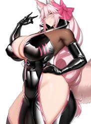 Rule 34 | 1girl, animal ears, arind yudha, black bodysuit, black gloves, blush, bodysuit, breasts, closed mouth, elbow gloves, fate/grand order, fate (series), fox ears, fox girl, fox shadow puppet, fox tail, from side, glasses, gloves, hair ornament, hand on own hip, hand up, highres, hip vent, huge breasts, koyanskaya (assassin) (first ascension) (fate), koyanskaya (fate), long hair, looking at viewer, pink hair, ponytail, simple background, solo, tail, tamamo (fate), white background, yellow eyes