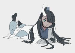 Rule 34 | 1boy, aqua eyes, black hair, dark-skinned male, dark skin, fenghua (the legend of luoxiaohei), hair over one eye, head rest, horns, lanxi zhen, long hair, looking at viewer, lying, on stomach, pointy ears, rkp, shadow, signature, simple background, single horn, solo, luo xiaohei zhanji, white background, white horns