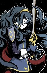 Rule 34 | 1girl, armor, black background, blue cape, blue gloves, blue hair, cape, closed eyes, closed mouth, commentary, english commentary, falchion (fire emblem), fire emblem, fire emblem awakening, floating hair, from side, gloves, highres, holding, holding sword, holding weapon, johncaden, long hair, lucina (fire emblem), nintendo, red cape, shoulder armor, solo, sword, tiara, two-tone cape, very long hair, weapon