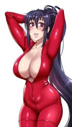 Rule 34 | 1girl, arms behind head, arms up, blush, bodysuit, breasts, collarbone, copyright request, cowboy shot, large breasts, long hair, looking at viewer, partially unzipped, pink eyes, red bodysuit, simple background, solo, standing, twrlare, white background