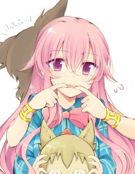 Rule 34 | 2girls, bad id, bad twitter id, bow, bowtie, bracelet, fingersmile, forced smile, hair between eyes, hata no kokoro, highres, jewelry, long hair, long sleeves, looking at viewer, mask, multiple girls, new mask of hope, parted lips, pink bow, pink bowtie, pink hair, plaid, plaid shirt, purple eyes, shirt, short hair, sweat, tama (soon32281), touhou, toyosatomimi no miko, upper body
