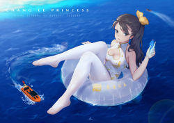 Rule 34 | 1girl, bigxixi, boat, bow, breasts, brown bow, brown hair, china dress, chinese clothes, cleavage, cleavage cutout, clothing cutout, day, dress, feet, flag, full body, grey eyes, hair bow, high ponytail, holding, innertube, medium breasts, no shoes, ocean, original, outdoors, pantyhose, ponytail, solo, swim ring, toes, transparent, water, watercraft, wet, wet clothes, white pantyhose, white theme