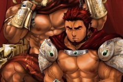 Rule 34 | 2boys, abs, armor, bara, bare pectorals, cape, chain, chained, chain, collar, elbow rest, facial hair, forked eyebrows, goatee, holding, holding chain, large pectorals, male focus, manly, multiple boys, muscular, nipples, original, pauldrons, pectorals, red eyes, red hair, short hair, shoulder armor, sideburns, terujirou (masateruteru), vambraces