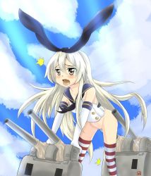Rule 34 | 10s, 1girl, :o, arm support, bent over, blonde hair, blush, bottomless, breasts, clothed sex, cloud, day, elbow gloves, gloves, gradient background, grey eyes, hair between eyes, hair ribbon, kantai collection, light rays, long hair, looking to the side, md5 mismatch, moaning, neckerchief, object insertion, open mouth, outdoors, patty (artist), public indecency, pussy, pussy juice, raised eyebrows, red thighhighs, rensouhou-chan, resized, ribbon, saliva, school uniform, serafuku, sex, shimakaze (kancolle), sky, small breasts, striped clothes, striped thighhighs, sunbeam, sunlight, tears, thighhighs, turret, uncensored, vaginal, vaginal object insertion, very long hair, wavy mouth, white gloves, white hair, white thighhighs