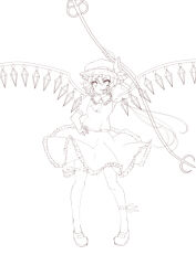 Rule 34 | 1girl, arm up, ascot, breasts, collared shirt, crystal, flandre scarlet, frilled shirt collar, frilled skirt, frills, full body, greyscale, hand on own hip, hat, holding, holding polearm, holding weapon, laevatein (touhou), lineart, mary janes, medium hair, mob cap, monochrome, pigeon-toed, polearm, puffy short sleeves, puffy sleeves, ribbon-trimmed headwear, ribbon-trimmed thighhighs, ribbon trim, shirt, shoes, short sleeves, skirt, small breasts, solo, standing, thighhighs, touhou, vest, weapon, wings, xingyueyaoshi