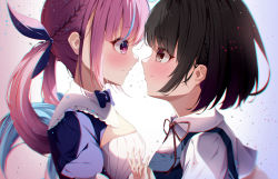 Rule 34 | 2girls, absurdres, asphalt494, bad id, bad pixiv id, black hair, blue hair, blunt bangs, blush, borrowed character, brown eyes, character request, closed mouth, colored inner hair, commentary request, dress, face-to-face, highres, hololive, interlocked fingers, long hair, looking at another, maid, minato aqua, minato aqua (1st costume), multicolored hair, multiple girls, purple eyes, purple hair, school uniform, shirt, short hair, sidelocks, smile, streaked hair, twintails, two-tone hair, upper body, virtual youtuber, white shirt, yuri