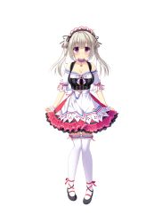 Rule 34 | 1girl, ameto yuki, ankle ribbon, blush, bow, braid, collar, dress, female focus, frilled skirt, frills, full body, grey hair, hair bow, hair ornament, hair ribbon, highres, hooksoft, lace, lace trim, leg ribbon, long hair, looking at viewer, mary janes, official art, pink eyes, pure x connect, ribbon, shinozaki ayumi (pure x connect), shiny skin, shoes, skirt, smee, solo, standing, straight hair, tagme, thighhighs, transparent background, two side up, waitress, waitress uniform, white thighhighs, zettai ryouiki