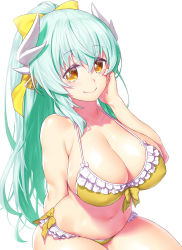 Rule 34 | 1girl, bikini, blue bikini, blush, bow, breasts, cleavage, collarbone, commentary request, curvy, dragon horns, fate/grand order, fate (series), frilled bikini, frills, green hair, hair bow, highres, horns, kiyohime (fate), large breasts, long hair, looking at viewer, navel, onsoku inu, orange eyes, ponytail, simple background, sitting, smile, solo, swimsuit, white background, yellow bikini, yellow bow