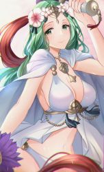 Rule 34 | 1girl, bikini, blush, breasts, circlet, cleavage, closed mouth, fire emblem, fire emblem: three houses, fire emblem heroes, flower, forehead, green eyes, green hair, hair flower, hair ornament, highres, jewelry, large breasts, long hair, looking at viewer, navel, necklace, nintendo, parted bangs, rhea (fire emblem), satoimo chika, smile, swimsuit, tassel, white bikini