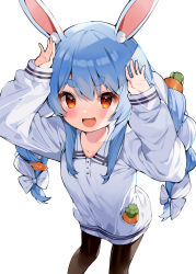 Rule 34 | 1girl, alternate costume, animal ear fluff, animal ears, black pantyhose, blue hair, blush, braid, breasts, carrot hair ornament, collared shirt, commentary, cowboy shot, food-themed hair ornament, hair ornament, hana mori, happy birthday, highres, hololive, light blue hair, long hair, long sleeves, looking at viewer, multicolored hair, open mouth, pantyhose, rabbit ears, rabbit girl, red eyes, shirt, simple background, small breasts, smile, solo, thick eyebrows, twin braids, twintails, two-tone hair, usada pekora, virtual youtuber, white background, white hair, white shirt