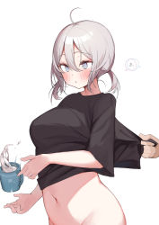 Rule 34 | 1boy, 1girl, :o, blue eyes, blush, bottomless, breasts, clothes pull, cup, drink, hair between eyes, highres, large breasts, low twintails, motion lines, navel, original, out-of-frame censoring, parted lips, pulling another&#039;s clothes, shin no tenpii, shirt pull, short hair, short sleeves, short twintails, silver hair, simple background, solo focus, speech bubble, stomach, twintails, white background