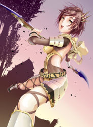 Rule 34 | 1girl, armor, breasts, brown eyes, brown hair, dagger, detached sleeves, female focus, gradient background, hair ornament, highres, knife, leotard, mogmog, nature, nene, open mouth, outdoors, plant, sandals, sengoku musou, sengoku musou 2, sengoku musou 3, short hair, sky, solo, weapon