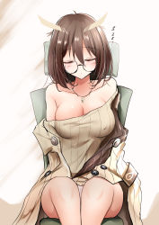 Rule 34 | 1girl, absurdres, arknights, armband, bare legs, bare shoulders, blush, breasts, brown coat, brown hair, brown sweater, chair, cleavage, closed eyes, coat, commentary, covered erect nipples, cowboy shot, feather hair, glasses, hair between eyes, highres, jewelry, kokihanada, medium breasts, multicolored hair, necklace, off-shoulder sweater, off shoulder, open mouth, panties, pantyshot, pendant, pink panties, rhine lab logo, ribbed sweater, short hair, silence (arknights), simple background, sleeping, solo, streaked hair, striped clothes, striped panties, sweater, thighs, two-tone hair, underwear, white background, white hair, zzz