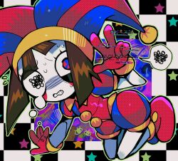 Rule 34 | 1girl, absurdres, blue eyes, blue footwear, brown hair, gloves, grizzace, hat, hat bell, highres, jester, jester cap, multicolored clothes, multicolored hat, pomni (the amazing digital circus), red eyes, red footwear, red gloves, solo, spoken squiggle, squiggle, squiggle eyes, sweat, the amazing digital circus, two-tone eyes, two-tone sash