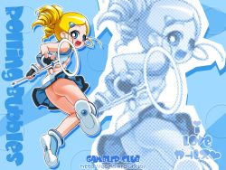 Rule 34 | 00s, 1girl, ass, blonde hair, blue eyes, drill hair, fingerless gloves, flat chest, gambler club, gloves, goutokuji miyako, hair ornament, hairclip, looking back, nipples, no bra, no panties, open mouth, powerpuff girls, powerpuff girls z, rolling bubbles, skirt, solo, staff, twintails, upskirt, zoom layer