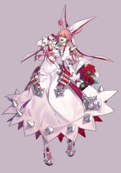 Rule 34 | 1girl, animal ears, bad id, bad twitter id, belt, blue eyes, boots, box, breasts, bridal veil, cleavage, dress, earrings, elphelt valentine, fake animal ears, flower, full body, gloves, guilty gear, guilty gear xrd, hair between eyes, highres, hoe-l, jewelry, looking at viewer, open mouth, pink hair, rose, short hair, simple background, smile, solo, spikes, veil, wedding dress, white dress
