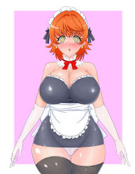 Rule 34 | apron, blush, breasts, brown eyes, brown hair, cleavage, earrings, genderswap, genderswap (mtf), gloves, hair ornament, highres, hypnosis, jewelry, large breasts, maid, maid apron, maid headdress, mind control, open mouth, panties, pantyshot, ribbon, shiny clothes, shiny skin, short hair, thick thighs, thighhighs, thighs, to love-ru, transparent panties, underwear, yuuki rito, yuusaki riko
