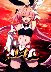 Rule 34 | 1boy, abs, absurdres, arm up, armor, armpits, astolfo (fate), astolfo (saber) (fate), bare shoulders, black bow, black gloves, black legwear, black neckwear, black panties, black ribbon, black skirt, blush, bow, bowtie, crop top, detached sleeves, elbow gloves, fang, fate/grand order, fate (series), faulds, gloves, gradient sky, hair bow, hair intakes, harii (janib5kc), highres, long hair, looking at viewer, low twintails, male focus, multicolored hair, navel, open mouth, orange sky, panties, pink hair, purple eyes, ribbon, skin fang, skirt, sky, smile, streaked hair, thighhighs, thighs, trap, twilight, twintails, underwear, white hair, wide sleeves, wing collar