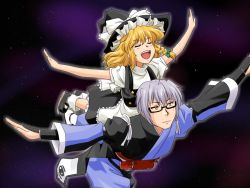 Rule 34 | 1boy, 1girl, blonde hair, braid, curiosities of lotus asia, dress, flying, glasses, gradient background, hat, kirisame marisa, morichika rinnosuke, outstretched arms, overman king gainer, parody, short hair, silver hair, space, spread arms, supon, touhou, what, witch, witch hat, yellow eyes