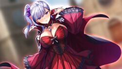 Rule 34 | 1girl, breasts, cleavage, dress, earrings, game cg, huge breasts, jewelry, kyonyuu fantasy burst x, necklace, red dress, solo, soltina, white hair