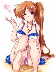 Rule 34 | 1girl, bikini, blowing kiss, blue eyes, breasts, brown hair, cleavage, collarbone, commentary request, feet, foot up, frilled bikini, frills, gesture, hair tie, heart, highres, kuroi mimei, long hair, looking at viewer, lyrical nanoha, mahou shoujo lyrical nanoha strikers, medium breasts, one eye closed, parted lips, partial commentary, raising heart, raising heart (standby mode), side ponytail, sitting, smile, solo, swimsuit, white background, white bikini