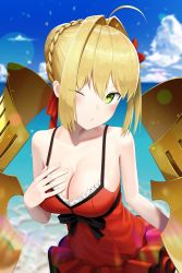Rule 34 | 1girl, absurdres, ahoge, armor, bare arms, bare shoulders, black bow, blonde hair, blue sky, blurry, blurry background, bow, braid, breasts, casual one-piece swimsuit, cleavage, cloud, collarbone, commentary request, cowboy shot, day, depressed, eyes visible through hair, fate/grand order, fate (series), green eyes, hair intakes, hair ribbon, hand on own chest, head tilt, highres, large breasts, layered swimsuit, leaning forward, lens flare, nero claudius (fate), nero claudius (fate) (all), nero claudius (swimsuit caster) (fate), ocean, one-piece swimsuit, one eye closed, pouty lips, red one-piece swimsuit, red ribbon, ribbon, sanpeita, short hair, sidelocks, sky, solo, swimsuit, water