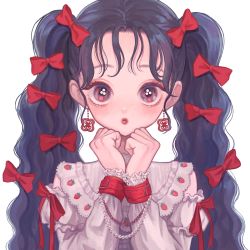 Rule 34 | 1girl, beads, black hair, blush, bow, earrings, food print, frilled shirt collar, frills, hair bow, highres, jewelry, long hair, looking at viewer, original, portrait, purple eyes, red bow, shirt, simple background, solo, strawberry print, teadei gobou, twintails, white background, white shirt