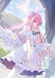 Rule 34 | 1girl, blue archive, bobo (6630978), dress, highres, long hair, looking at viewer, mika (blue archive), pink hair, smile, solo, wings, yellow eyes