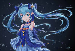 Rule 34 | 1girl, bare shoulders, blue dress, blue eyes, blue hair, bow, choker, dated, dress, fingerless gloves, gloves, hair bow, happy birthday, hatsune miku, highres, musical note, shibanme tekikumo, smile, solo, twintails, vocaloid, wide sleeves, yuki miku