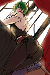 Rule 34 | 1boy, arc system works, ass, bent over, blazblue, dutch angle, from behind, green hair, hazama, kaneaki mukku, male focus, short hair, smile, solo, vest