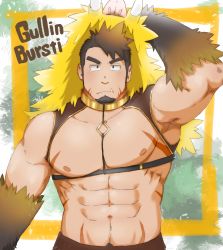 Rule 34 | 1boy, abs, animal hood, bara, bare pectorals, blush, boar hood, body fur, brown hair, character name, chest harness, collar, facial hair, fang, forked eyebrows, fur (clothing), goatee, gullinbursti (housamo), harness, highres, hood, large pectorals, long sideburns, looking at viewer, male focus, mature male, muscular, muscular male, navel, navel hair, nipples, pectorals, revealing clothes, short hair, sideburns, solo, stomach, tokyo houkago summoners, upper body, yanutorie