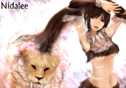 Rule 34 | 1girl, breasts, brown eyes, brown hair, character name, cleavage, cougar (animal), detached sleeves, earrings, forehead jewel, highres, jewelry, league of legends, lips, long hair, midriff, navel, necklace, nidalee, open mouth, ponytail, red eyes, smile, solo, teeth, tribal, underboob, zhang xiao bo