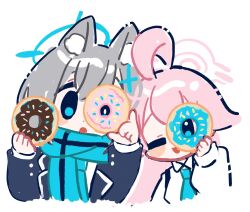 Rule 34 | 2girls, ahoge, animal ear fluff, animal ears, blue archive, blue eyes, blue necktie, blue scarf, blush, collared shirt, commentary request, cropped torso, cross, cross hair ornament, doughnut, food, grey hair, hair between eyes, hair ornament, halo, highres, holding, holding food, hoshino (blue archive), inverted cross, kokumosu, long hair, looking at viewer, mismatched pupils, multiple girls, necktie, one eye closed, open mouth, pink hair, pink halo, scarf, shiroko (blue archive), shirt, simple background, smile, white background, white shirt, wolf ears