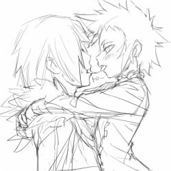 Rule 34 | 00s, 1boy, 1girl, allen walker, blush, d.gray-man, from side, greyscale, hetero, kiss, looking at another, monochrome, mosha, petite, portrait, road kamelot, saliva, saliva trail, short hair, size difference, very short hair